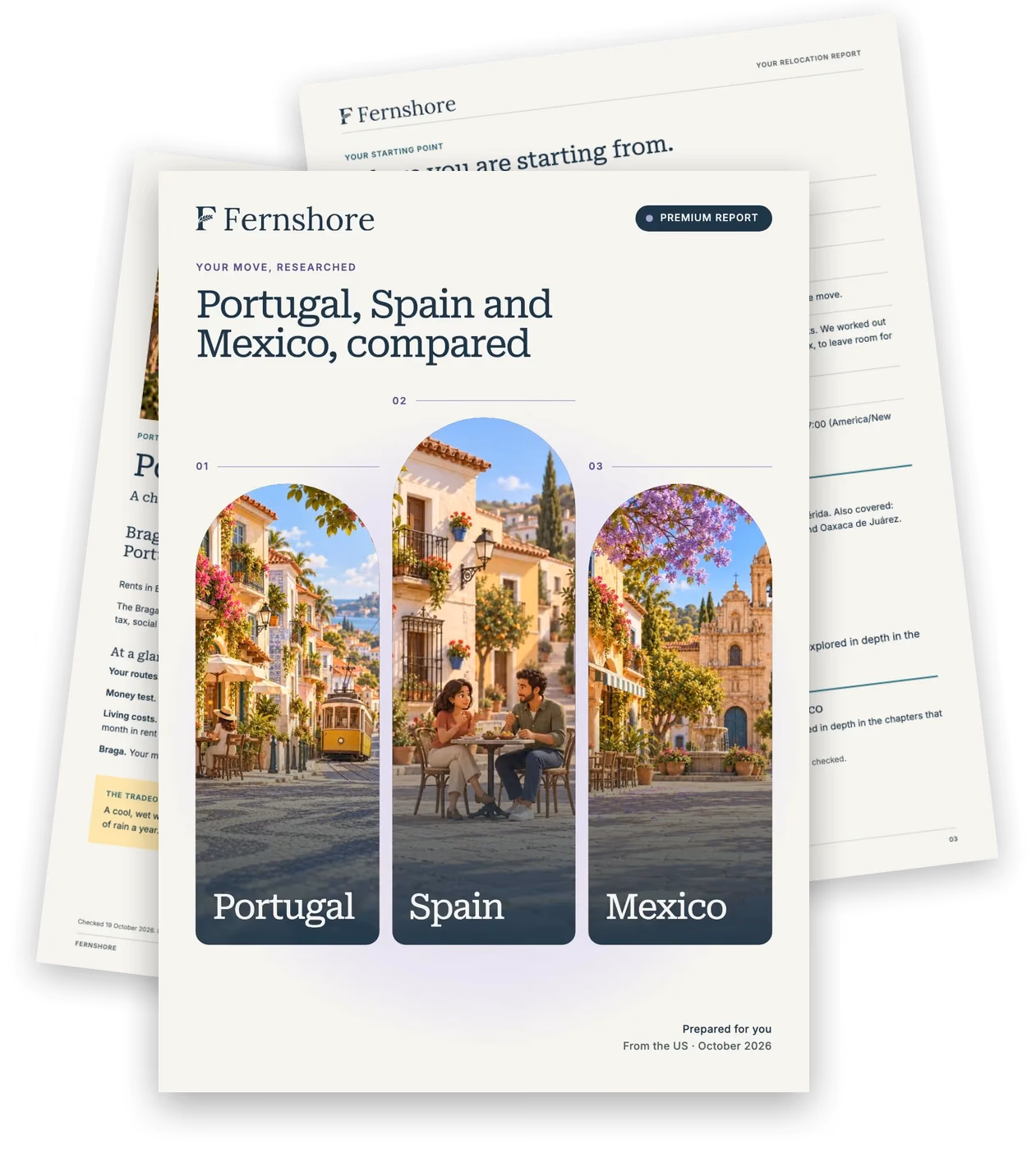 Pages from the Premium sample report: a cover comparing Portugal, Spain and Mexico under three arched pictures, over two inside pages.